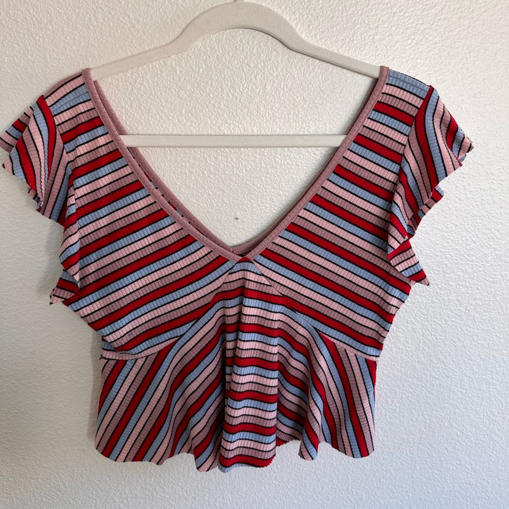 Striped V-Neck Ruffle Sleeve Top - Picture 5 of 7